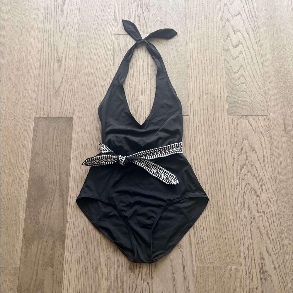 Lemlem Black Halter One-Piece Swimsuit with Patterned Belt